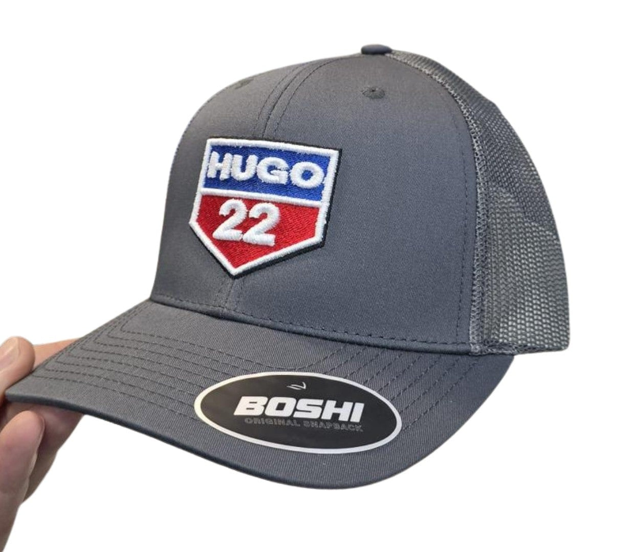 Gray cap with 'Hugo 22' and 'Boshi' logos on a white background